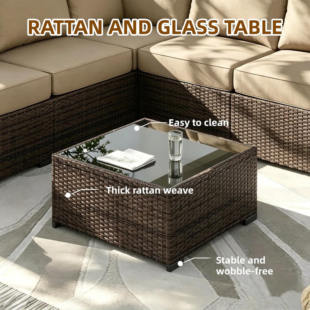 MOCHITO 7 Pieces Outdoor Patio Furniture Sets, All-Weather Sectional Sofa Dark Brown PE Rattan Wicker Conversation Set with Glass Table and Washable Khaki Cushions for Backyard,Sunroom,Garden,Porch