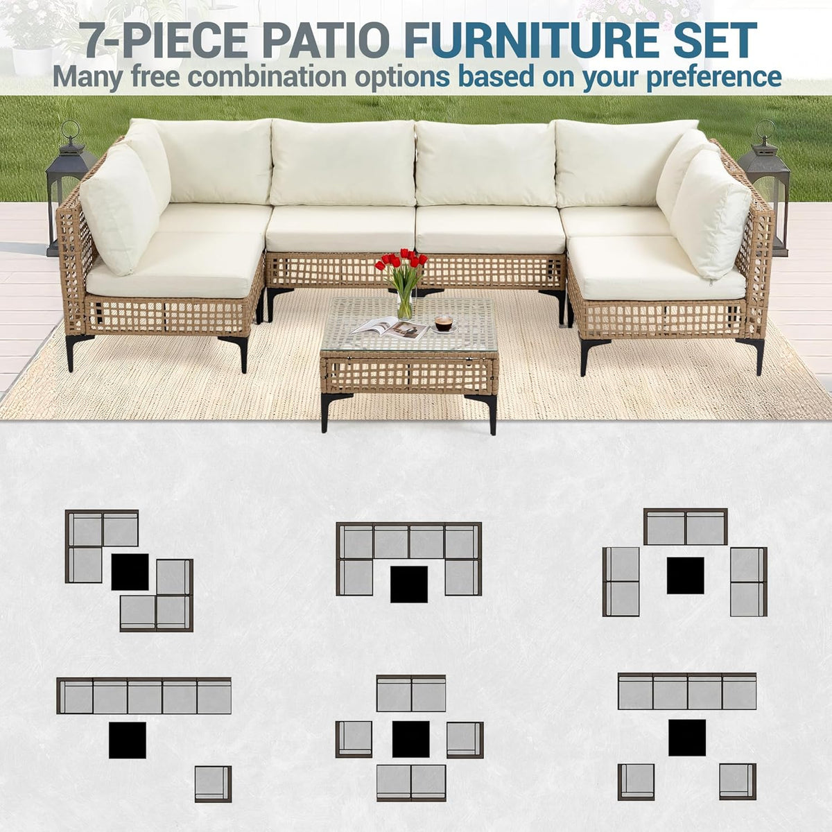 7-Piece Patio Furniture Set, All Weather Wicker Outdoor Sectional Conversation Sofa w/Thick Cushions & Glass Table for Lawn Poolside Backyard Porch, Beige
