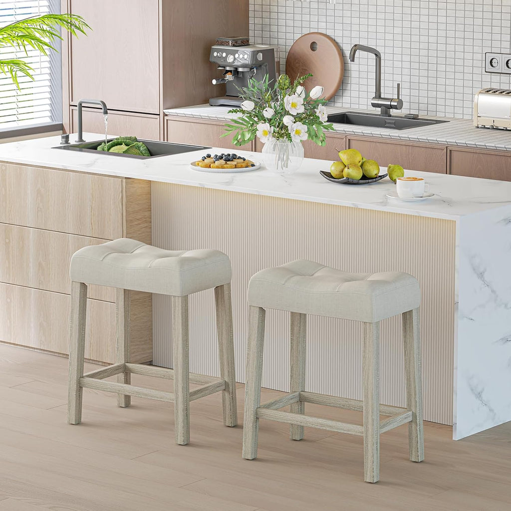 Giantex 24" Bar Stools Set of 4, Upholstered Counter Height Saddle Bar Stools with Footrest and Wood Legs, Farmhouse Button Tufted Backless Barstools for Kitchen Island, Dining Room, Cafe, Beige