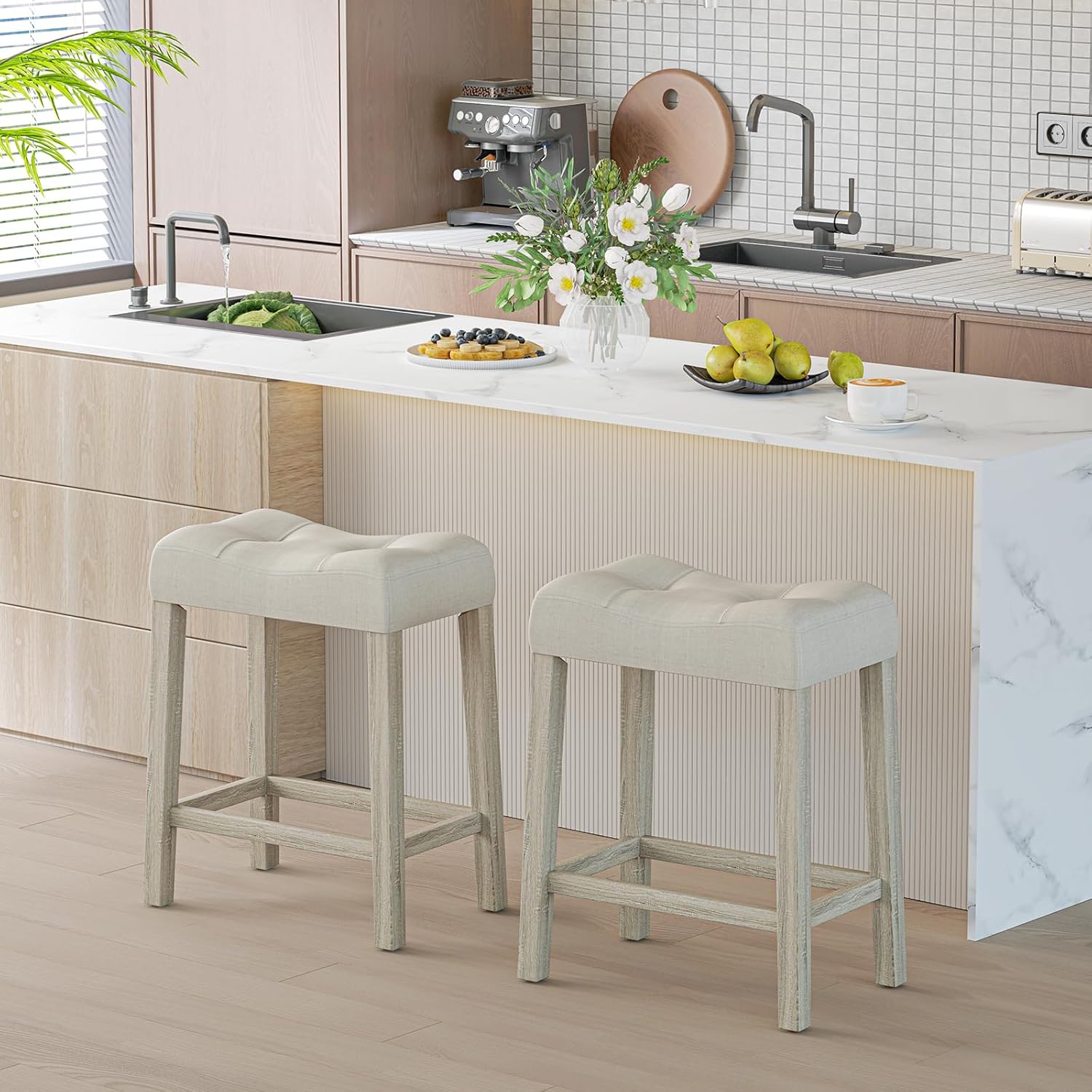 Giantex 24" Bar Stools Set of 4, Upholstered Counter Height Saddle Bar Stools with Footrest and Wood Legs, Farmhouse Button Tufted Backless Barstools for Kitchen Island, Dining Room, Cafe, Beige