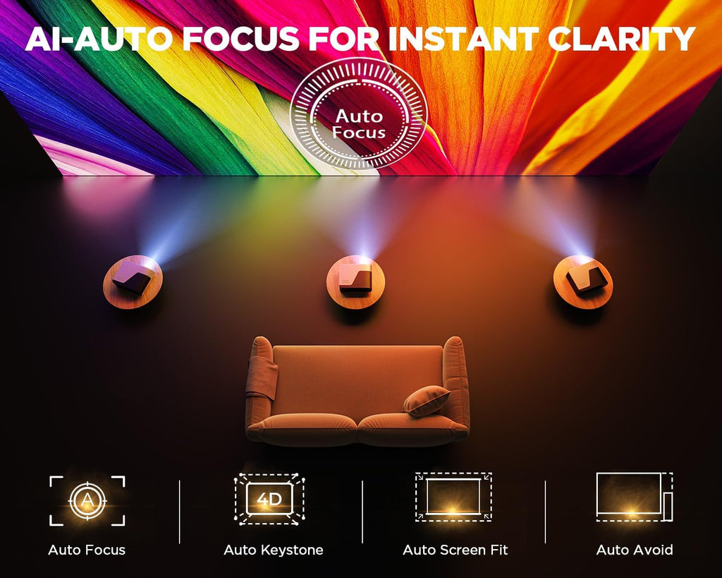 Auto Focus/Auto Keystone Smart Projector with WiFi and Bluetooth, Dolby Audio,DBPOWER Native 1080p Projector, Movie Projector, 50% Zoom with Carry Bag