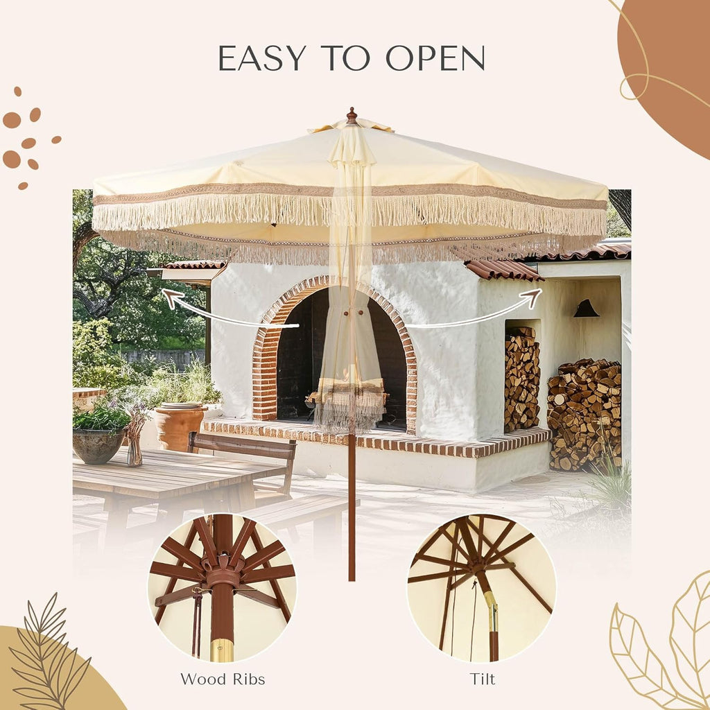 LAGarden Boho Market Wood Fringe Patio Umbrella with Carry Bag Tassels for Outdoor Event Garden Yard House Wedding Party Deck Poolside Sun Shade Parasol