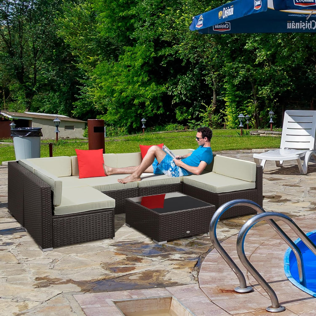 Outsunny 7 Piece Patio Furniture Set, Wicker Outdoor Sectional Sofa Set, All Weather PE Rattan Outdoor Furniture Conversation Sets with Cushions, Glass Top Coffee Table, Pillows, Cream White