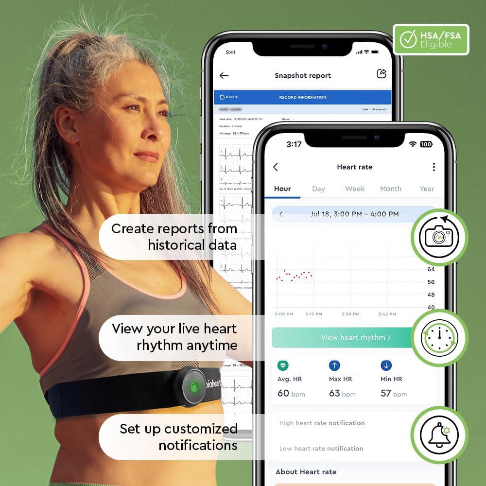 Bioheart | 24/7 Continuous Heart Monitor | No Prescription Needed | Smart Wearable | Chest Strap | One Month Subscription Included