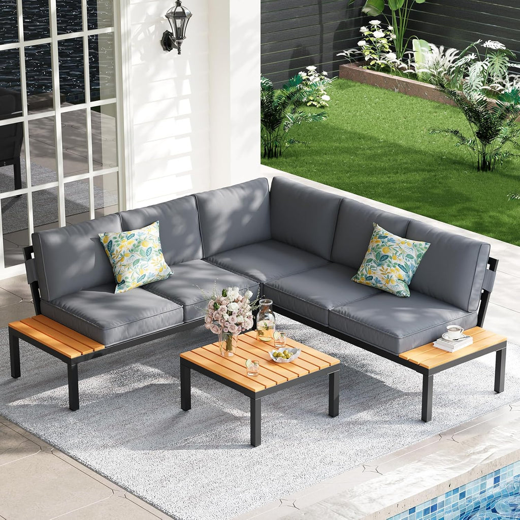 5-Person Outdoor Patio Furniture Set, Durable Metal Frame Outdoor Sectional with Wood-Look Table & Waterproof Cushions, All-Weather Conversation Set for Garden, Balcony, Poolside-Grey