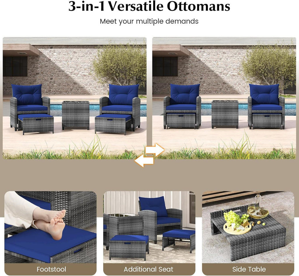 KOTEK 5 Pieces Patio Furniture Set with Ottomans, Wicker Patio Conversation Set with Coffee Table & Cushions, PE Rattan Outdoor Lounge Chairs for Backyard, Porch, Poolside (Mix Grey- Navy)
