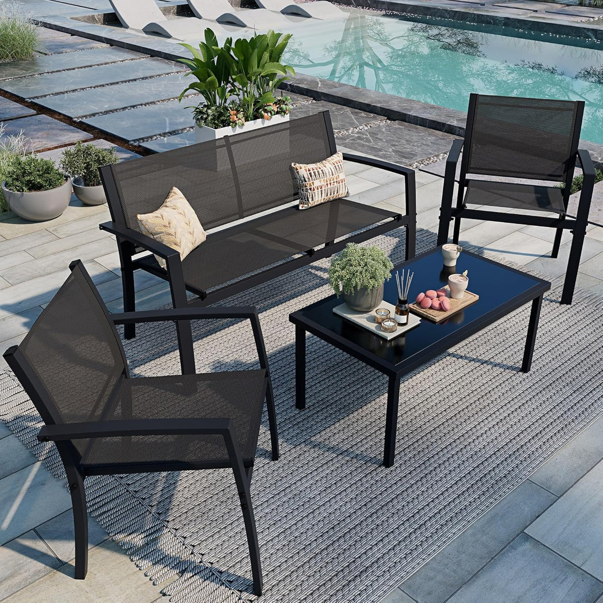 Shintenchi 4 Pieces Patio Furniture Set All Weather Textile Fabric Outdoor Conversation Set, with Glass Coffee Table, Loveseat, 2 Single Chairs for Home, Garden, Lawn, Porch（Black）