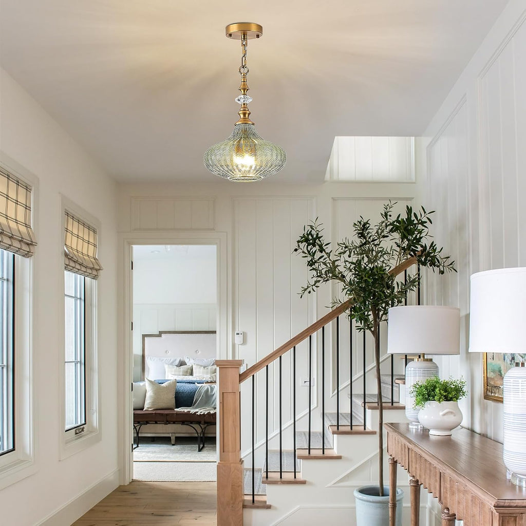 3-Light Chandelier,Vintage Gold Farmhouse Pendant Light Fixture for Kitchen,Adjustable Hanging Lighting with Green Glass Shade for Hallway Bedroom Entryway Dining Room Island