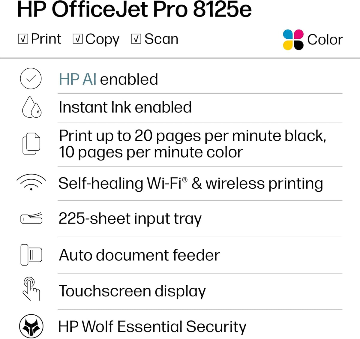 HP OfficeJet Pro 8125e Wireless All-in-One Color Inkjet Printer, Home Office, Print/Scan/Copy, ADF, Duplex Printing, AI-Enabled (Renewed)