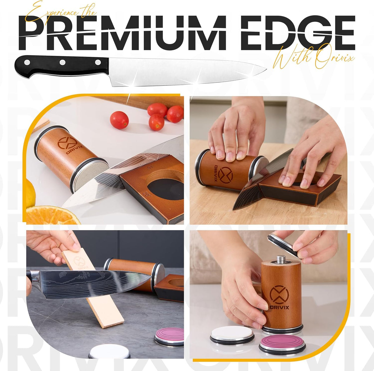 Rolling Knife Sharpener Kit – Magnetic 4-Angle Base, 3.86 Inches Longer Wooden Roller, 4 Grit Discs (1000/400 Diamond & 3000 Maroon / 6000 White Ceramic) and Leather Strop