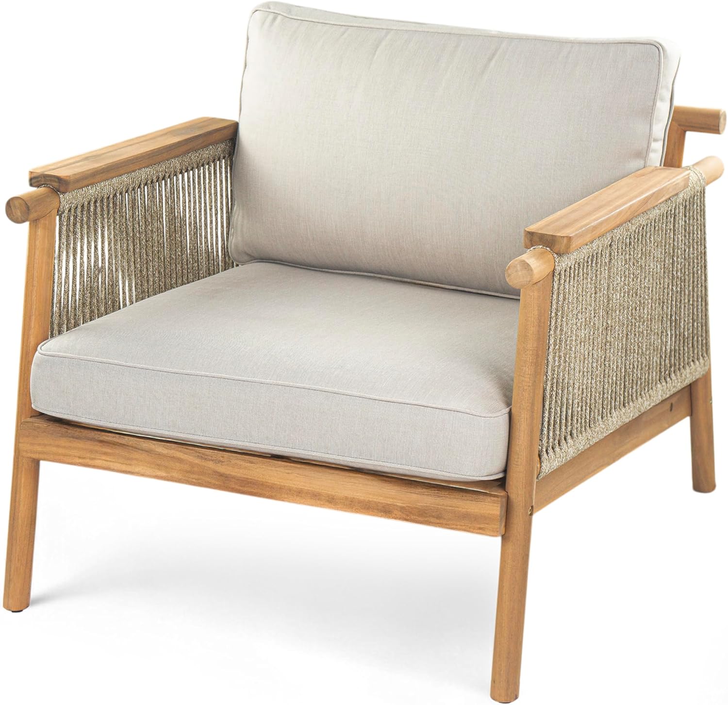 Merax Outdoor Acacia Wood Lounge Chair w/Coushions Set of 2, Patio Club Chair with Rope & Sturdy Wood Legs, All-Wearther Singe Sofa Chair for Porch, Lawn, Backyard, Balcony, Teak+ Beige