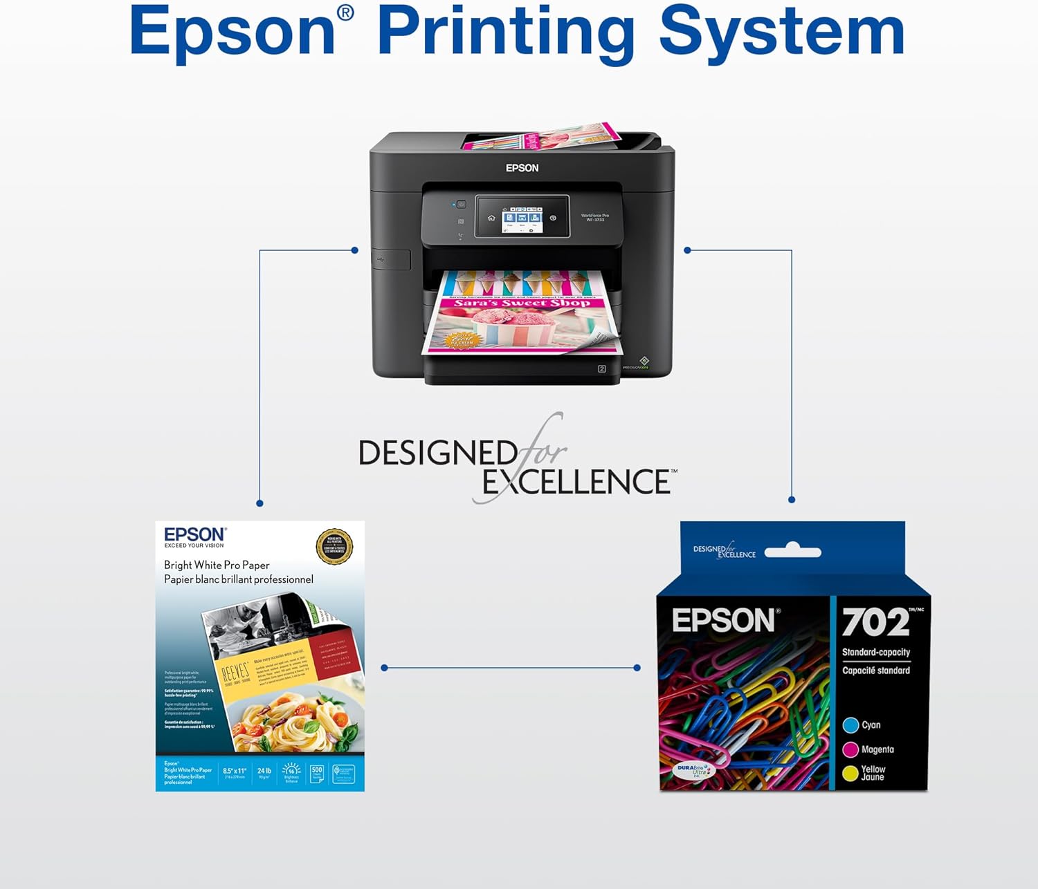 EPSON 702 DURABrite Ultra Ink High Capacity Black & Standard Color Cartridge Combo Pack (T702XL-BCS) Works with WorkForce Pro WF-3720, 3730, 3733