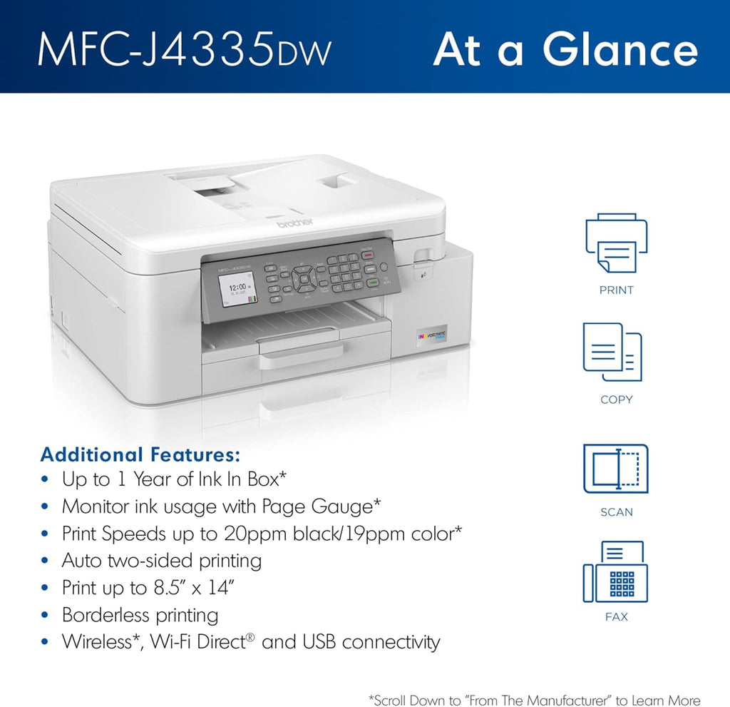 Brother MFC-J4335DW INKvestment Tank Wireless All-in-One Color Inkjet Printer, Up to 1-Year of Ink in-Box, Duplex Printing, Mobile and Cloud Print, Works with Alexa