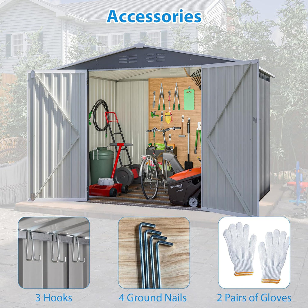 8x6 FT Outdoor Metal Storage Shed, Gray, with Floor Foundation, Lockable Hinged Doors, Air Vents, for Backyard and Lawn