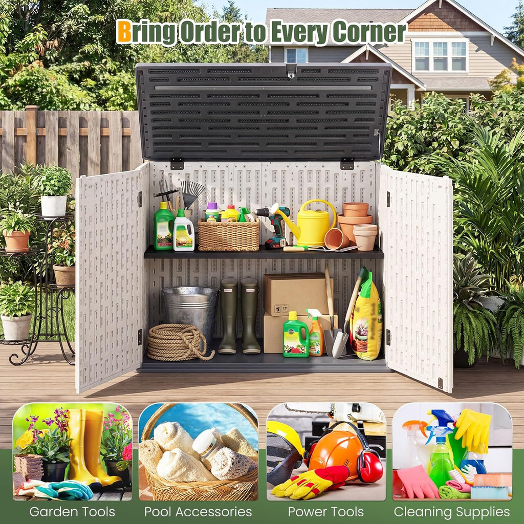 Tangkula Large Outdoor Storage Cabinet, 20 Cu.Ft Horizontal Resin Storage Shed with Adjustable Shelf & Lockable Doors, Weatherproof Patio Storage Box for Gardening Tools Cushions (White)