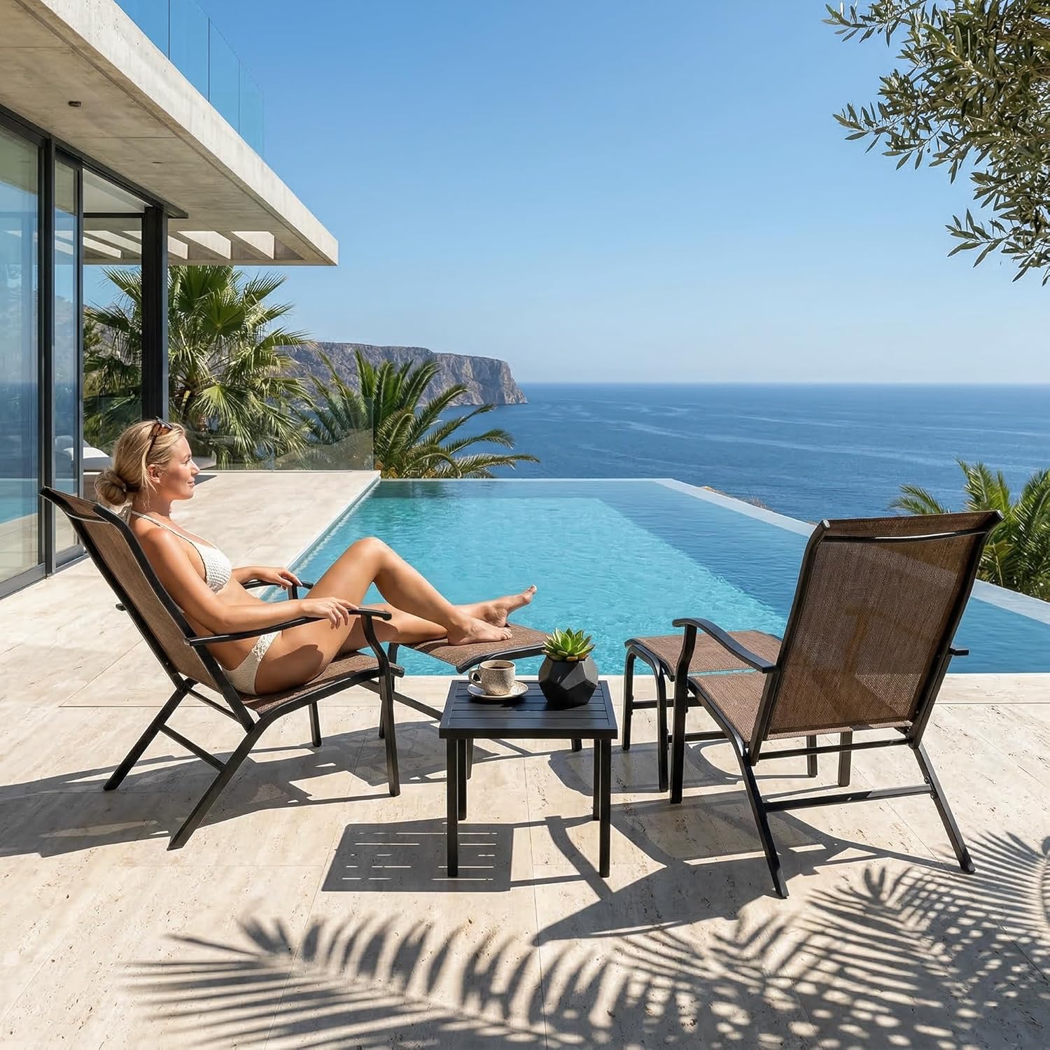 NUU GARDEN Patio Chaise Lounge Set of 3, 2 Textilene Patio Lounge Chairs with Ottoman and 1 Slatted Side Table, All-Weather Outdoor Set for Balcony Deck Yard Poolside, Black and Brown