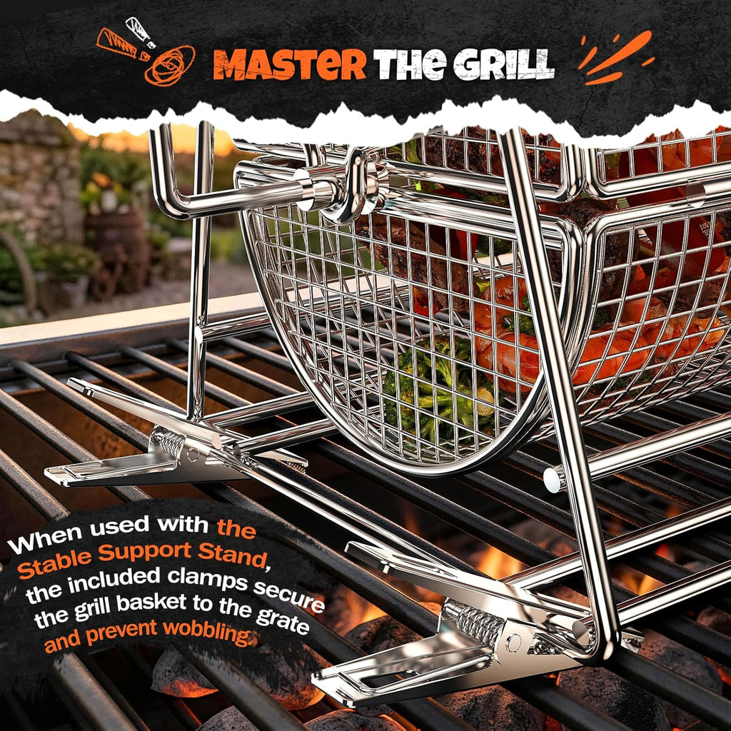 2-in-1 Rotatable Rolling Grill Basket, 304 Stainless Steel, with Removable Wooden Dual Handles & Rotating Stand, BBQ Accessories Tools for Vegetables Shrimp, Gifts for Birthday/Men/Dad/Husband