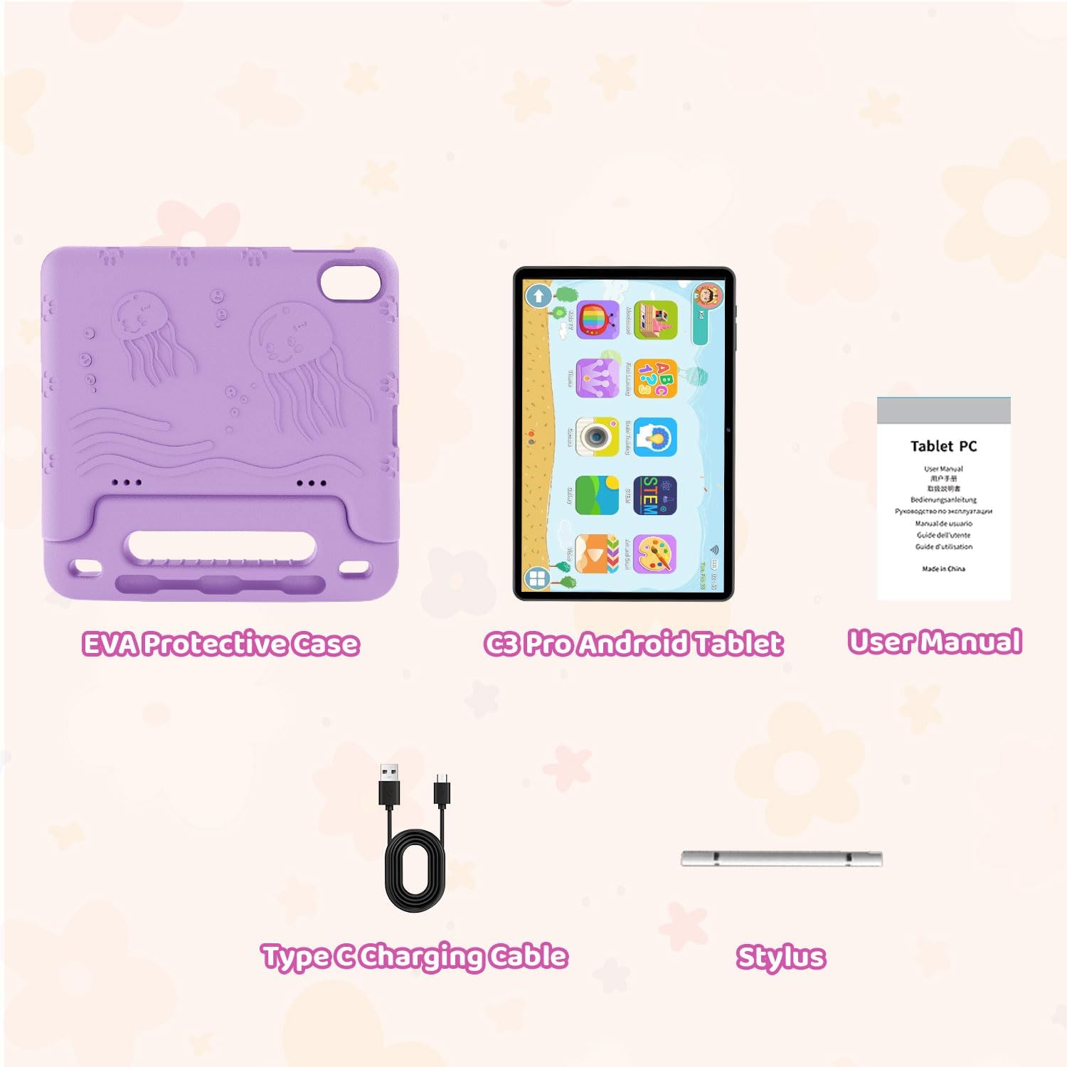 WXUNJA Android 15 Kids Tablet, 2025 Upgraded 10.1 Inch Tablets with Octa-core Processor, 6000mAh Battery, Kid Space, Parental Control,Pre-Loaded Kids Apps, 2.4/5GHZ Dual WiFi, Case Included, Purple