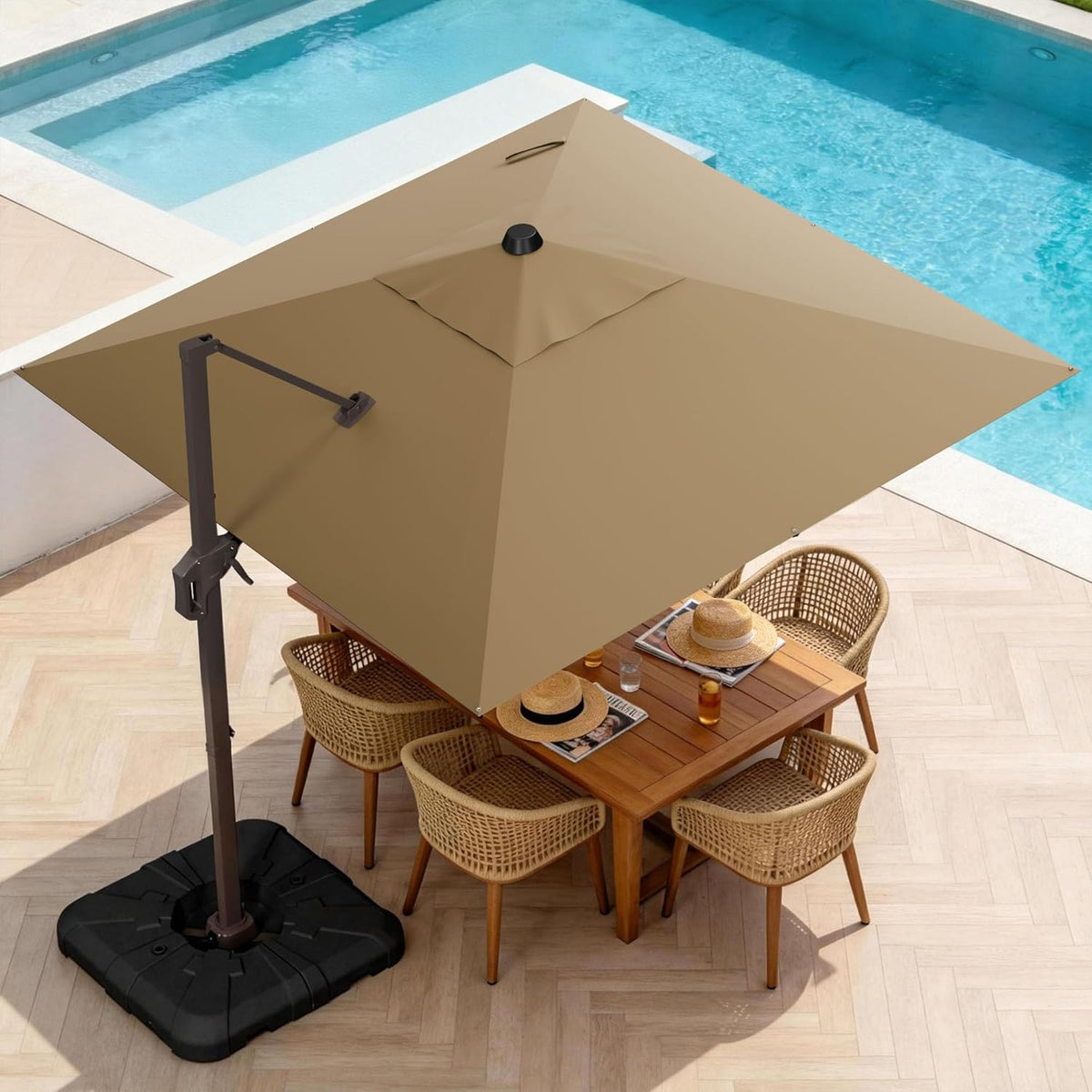 10' X 10' Patio Umbrella Cantilever Outdoor Rectangle Umbrella with Base Included, Heavy Duty 360°Rotation Offset Umbrella for Garden Deck Pool Patio, Brown