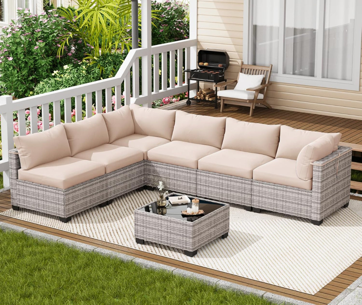 LOUVIXA 7 Piece Outdoor Patio Furniture Set, Outdoor Sectional Sofa, Wicker Rattan Patio Furniture, Patio Conversation Set with Coffee Table & Cushions