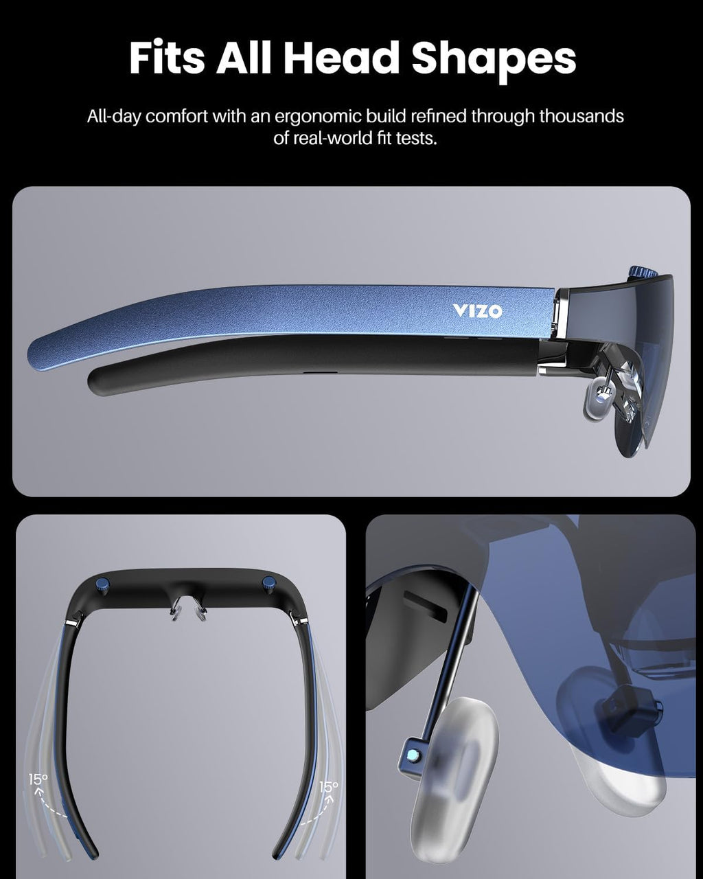 TOZO VIZO V1 AR Glasses with Ultra-Bright Display, Built-in Stereo Speakers, Adjustable Myopia Correction (0–500°), 118" Virtual Mega Screen, 2D/3D Mode Switching Compatible for iPhone/Mac/PC