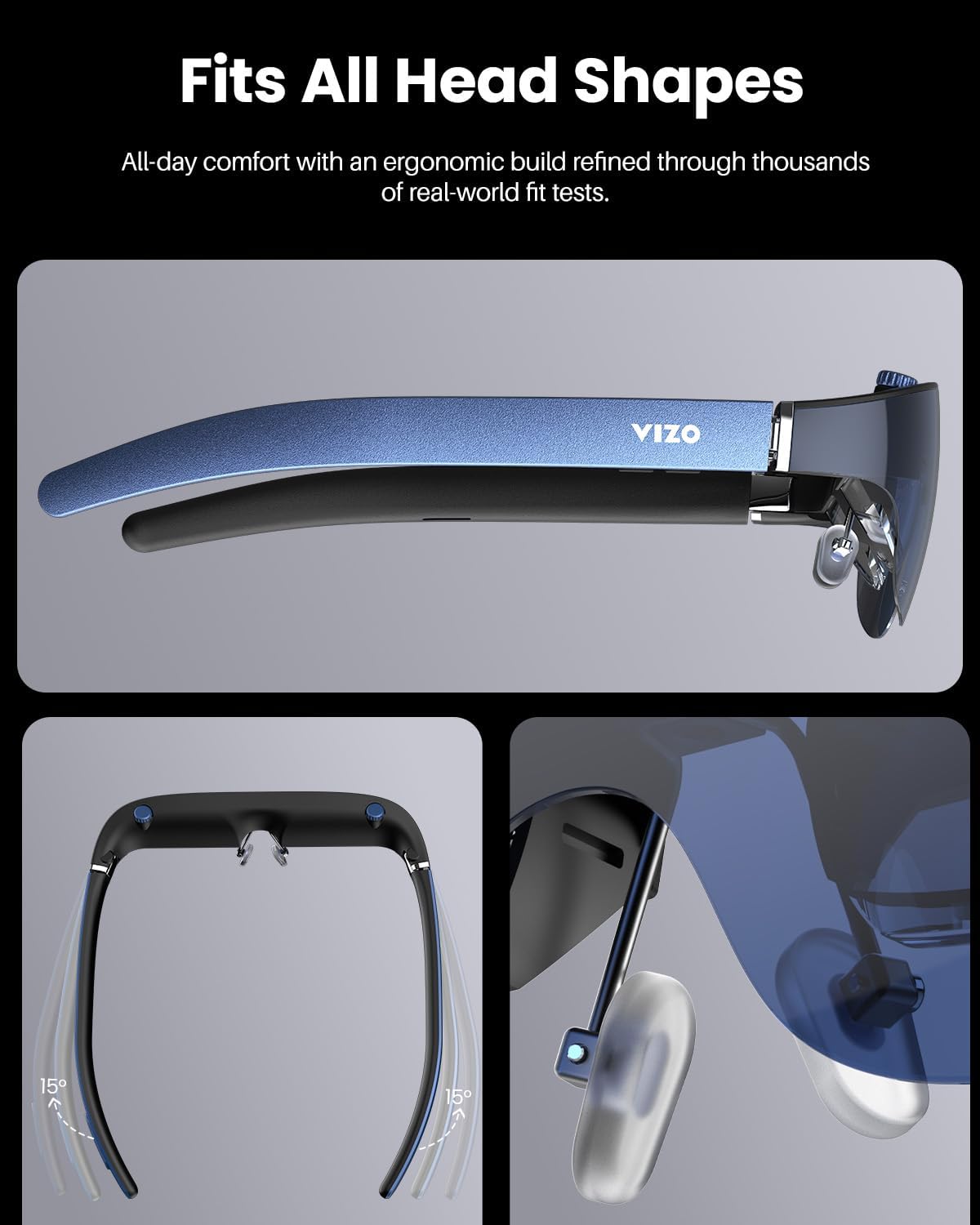 TOZO VIZO V1 AR Glasses with Ultra-Bright Display, Built-in Stereo Speakers, Adjustable Myopia Correction (0–500°), 118" Virtual Mega Screen, 2D/3D Mode Switching Compatible for iPhone/Mac/PC