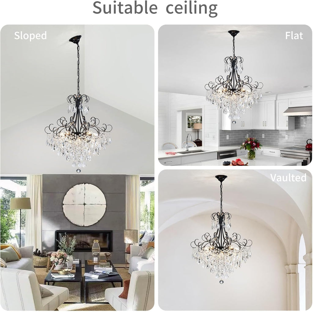 WUZUPS Crystal Chandelier 10-Light Pendant Ceiling Light Modern Lighting Fixture for Dining Room Hallway Bedroom Kitchen Bathroom, H 27.6" x W 22.8", E12 Base, Black