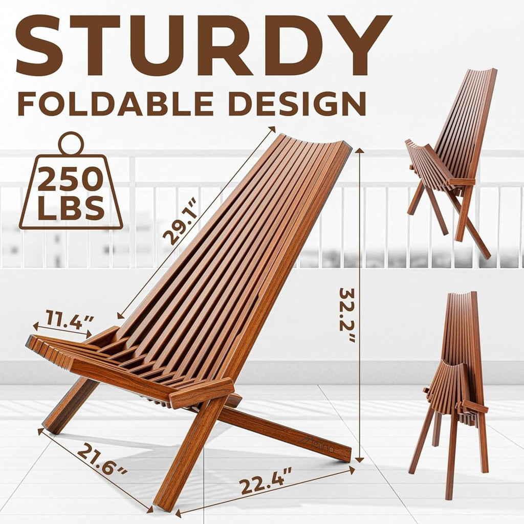 Melino 2-Pack Wooden Folding Tamarack Chair, Low Profile Outdoor Lounge Seat, Chestnut - Foldable Acacia Seating for Patio and Lawn, Portable Beach or Camping Wood Furniture