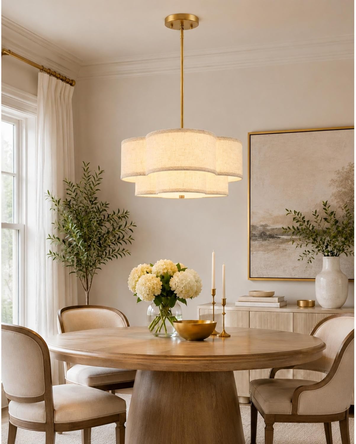 18" Chandelier, 3-Light Gold Pendant Light Fixtures with Dual Layer Linen Shade in Quatrefoil Shape, Double Drum Chandeliers for Dining Room Kitchen Living Room Bedroom, AD-22007-3P-GD-B