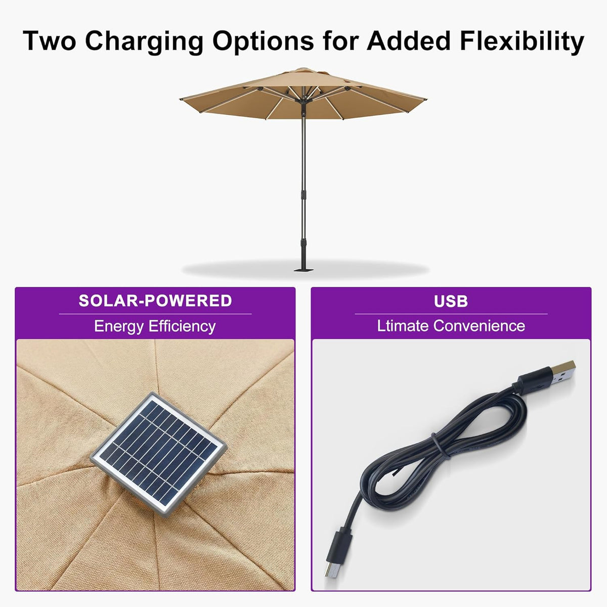 PURPLE LEAF 10 FT LED Round Patio Umbrella with Solar Lights Heavy Duty Windproof Semi Auto for Outdoor Dining Rooftop Bar Wedding Venue Resort Event Hotel Restaurant Night Business Commercial Use Beige