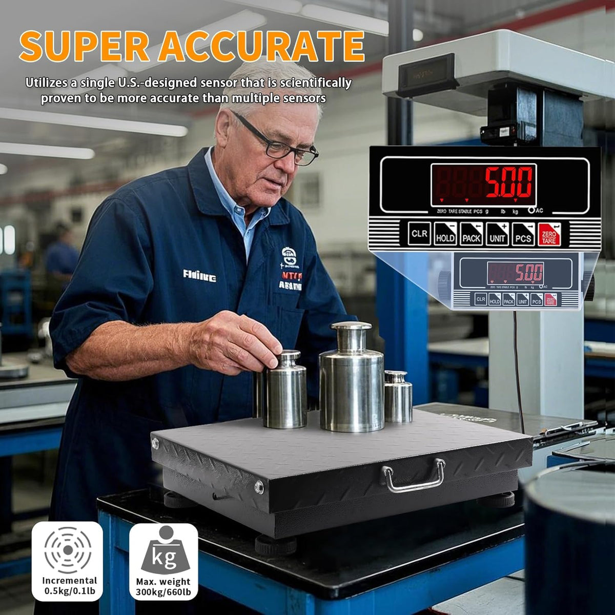 Heavy Duty Postal Scale, 660lb/0.1lb High Accuracy Shipping Scale with Carbon Steel Large Platform, LB/KG, Counting, Tare & LED, Lithium Batteries & Chargers for Small Business Warehouses etc