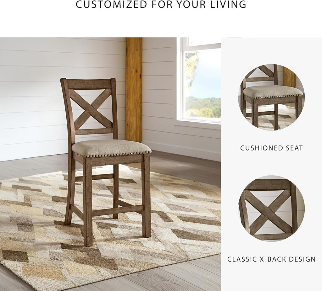 Signature Design by Ashley Moriville Rustic Farmhouse 24.5" Upholstered Barstool, 2 Count, Beige & Brown