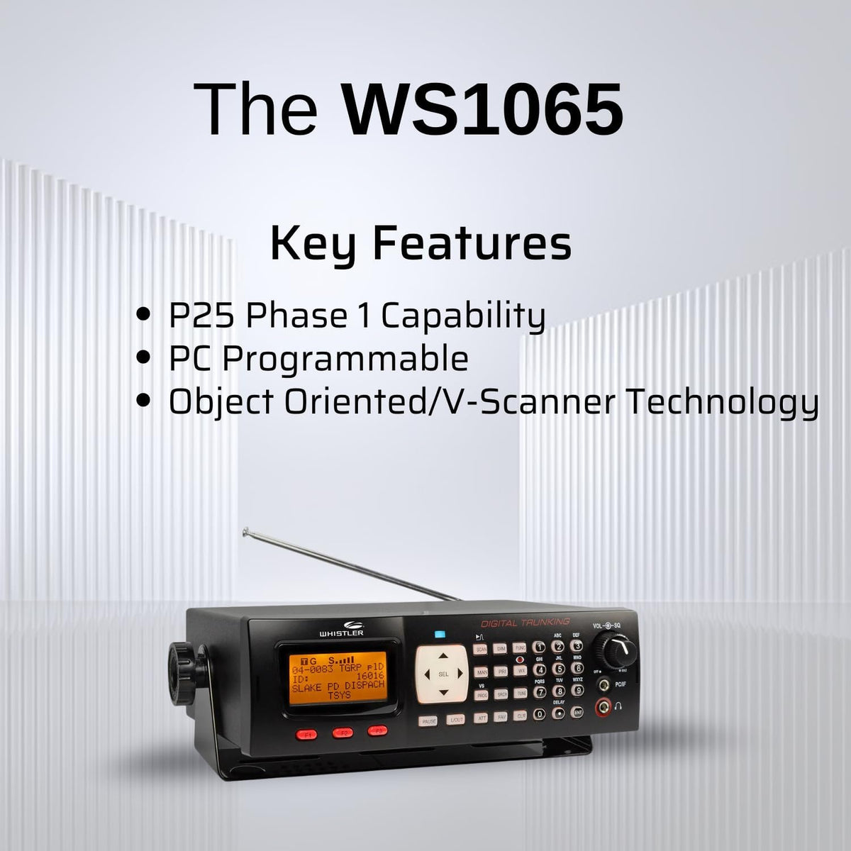 Whistler WS1065 Digital Trunking Desktop Scanner – Programmable Police/Fire Radio with Backlit Display, 1800 Memory Channels, and V-Scanner Technology – Black