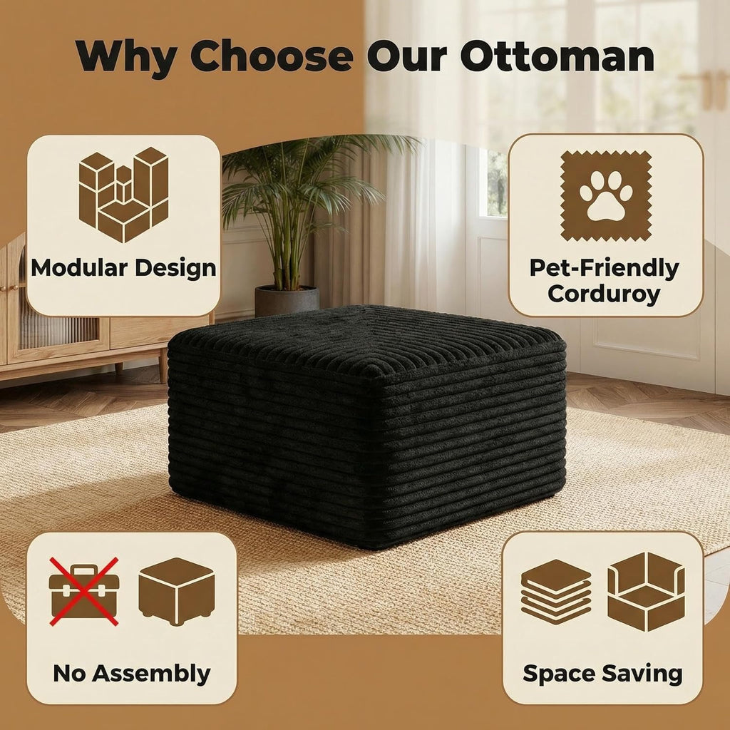 JINGLING 25.6 Inch Plush Corduroy Ottoman, Modular Sectional Foot Rest for Living Room, Upholstered Cloud Ottoman for Boneless Couch in a Box, Compressed Memory Foam, No Assembly Require, Black