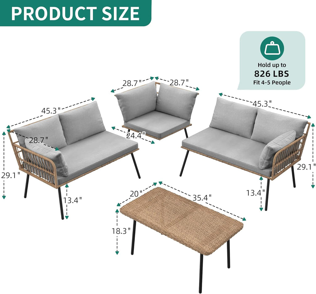 YITAHOME 4 Pieces Patio Furniture Set, Outdoor Wicker Conversation Sectional L-Shaped Sofa with 5 Seater for Backyard, Porch, Boho Detachable Lounger with Thickness Cushions and Side Table - Grey