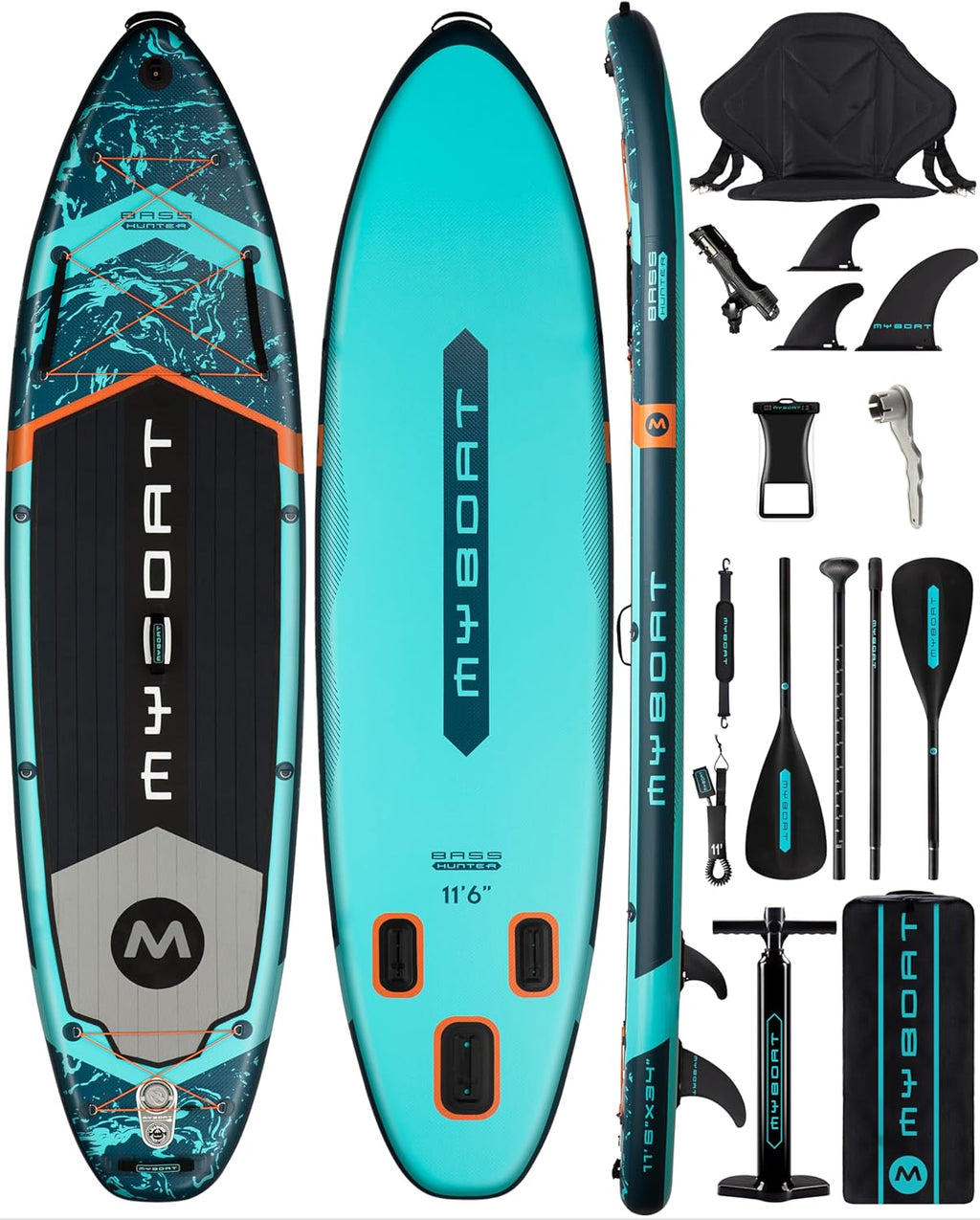 MYBOAT 11'6"×34"×6" Extra Wide Inflatable Paddle Board, Stand Up Paddle Board for Fishing, Sup Board with 3 Removable Fins, Dual Bungees, Camera Mount, Hand Pump, Strong Paddle,Leash