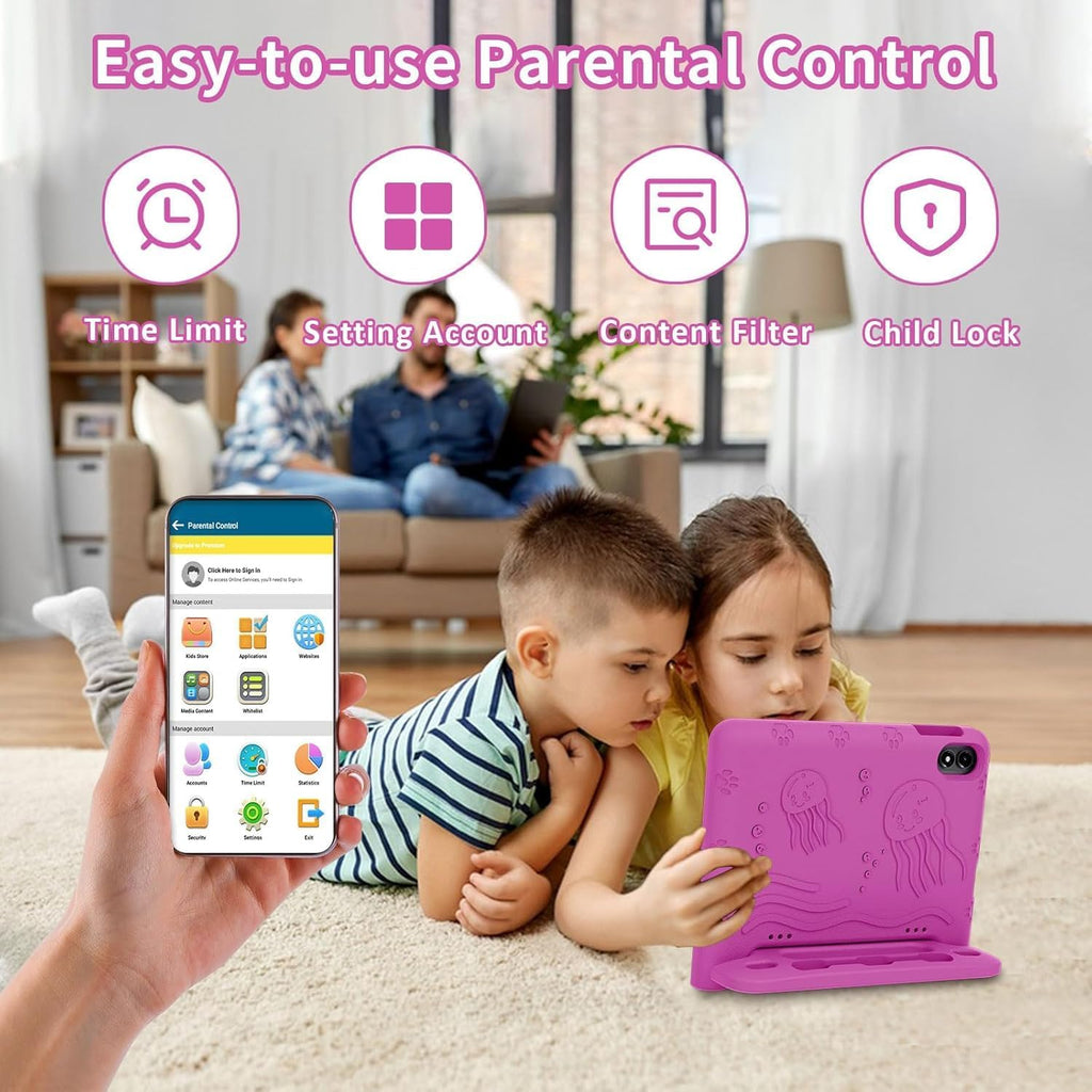 WXUNJA Android 15 Kids Tablet, 2025 Upgraded 10.1 Inch Tablets with Octa-core Processor, 6000mAh Battery, Kid Space, Parental Control,Pre-Loaded Kids Apps, 2.4/5GHZ Dual WiFi, Case Included, Red
