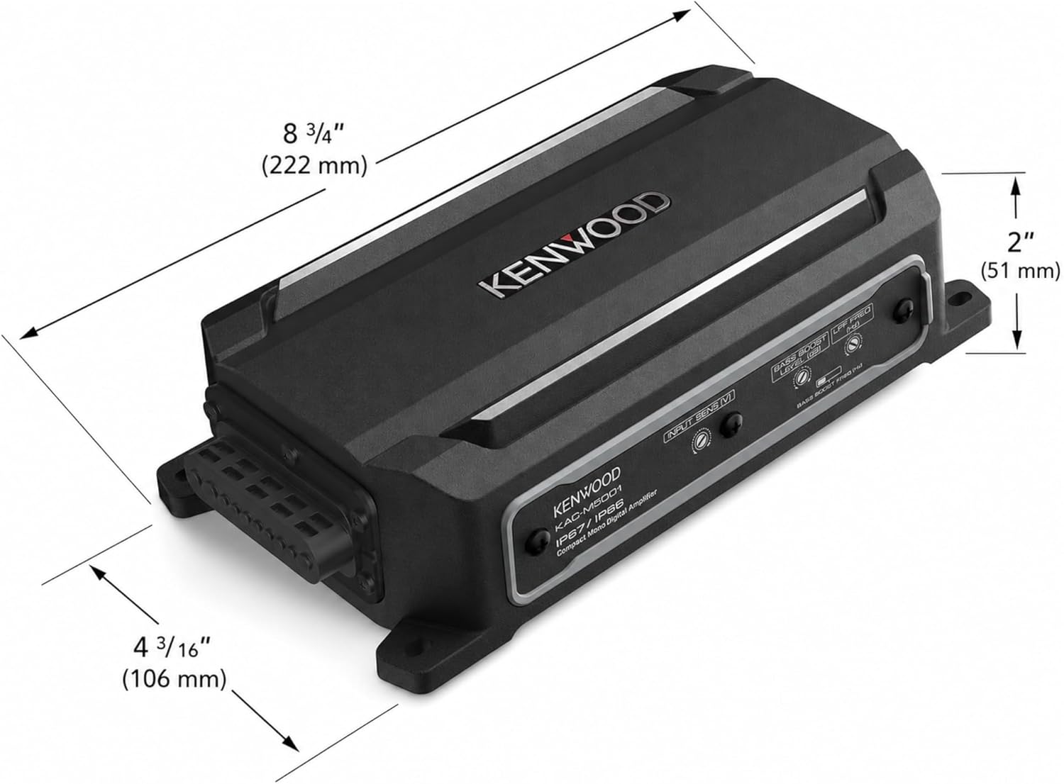 KENWOOD KAC-M5001 Compact Car/Marine Monoblock Class D Amplifier, 600W, IP67/IP66 Waterproof & Dustproof Subwoofer Amp, Speaker Level Input, Signal Sensing Turn-On, Wired Level Control