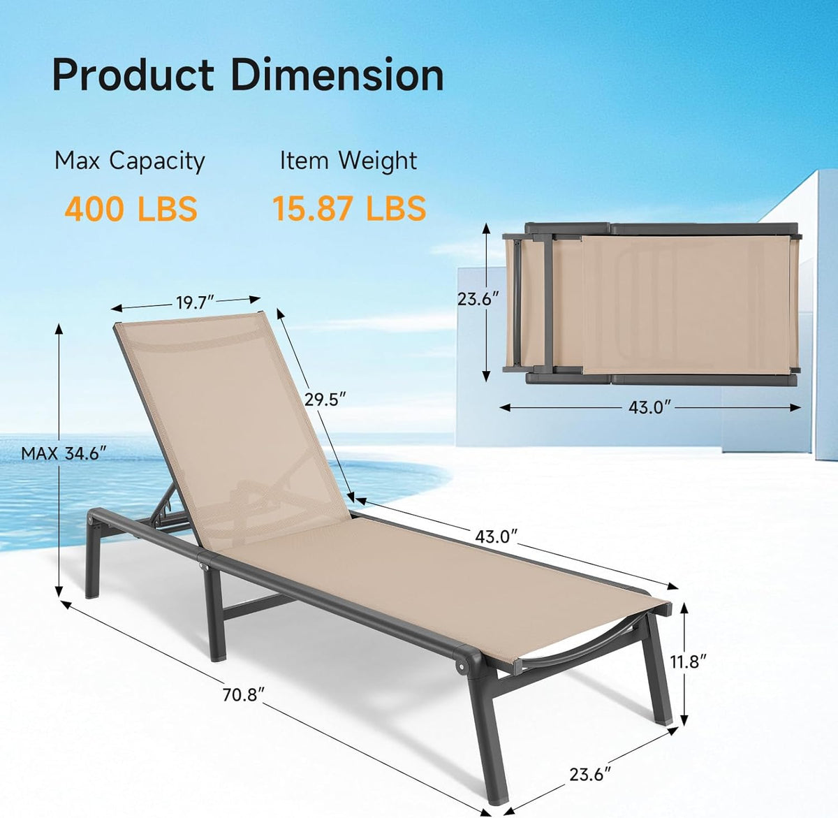 ONBRILL Aluminum Chaise Lounge Chair Outdoor, Foldable & Assembly Free Outdoor Lounge Chair with 5 Position Adjustable Backrest, Patio Pool Lounge Chairs for Outside Poolside Beach Lawn, 1PC, Khaki