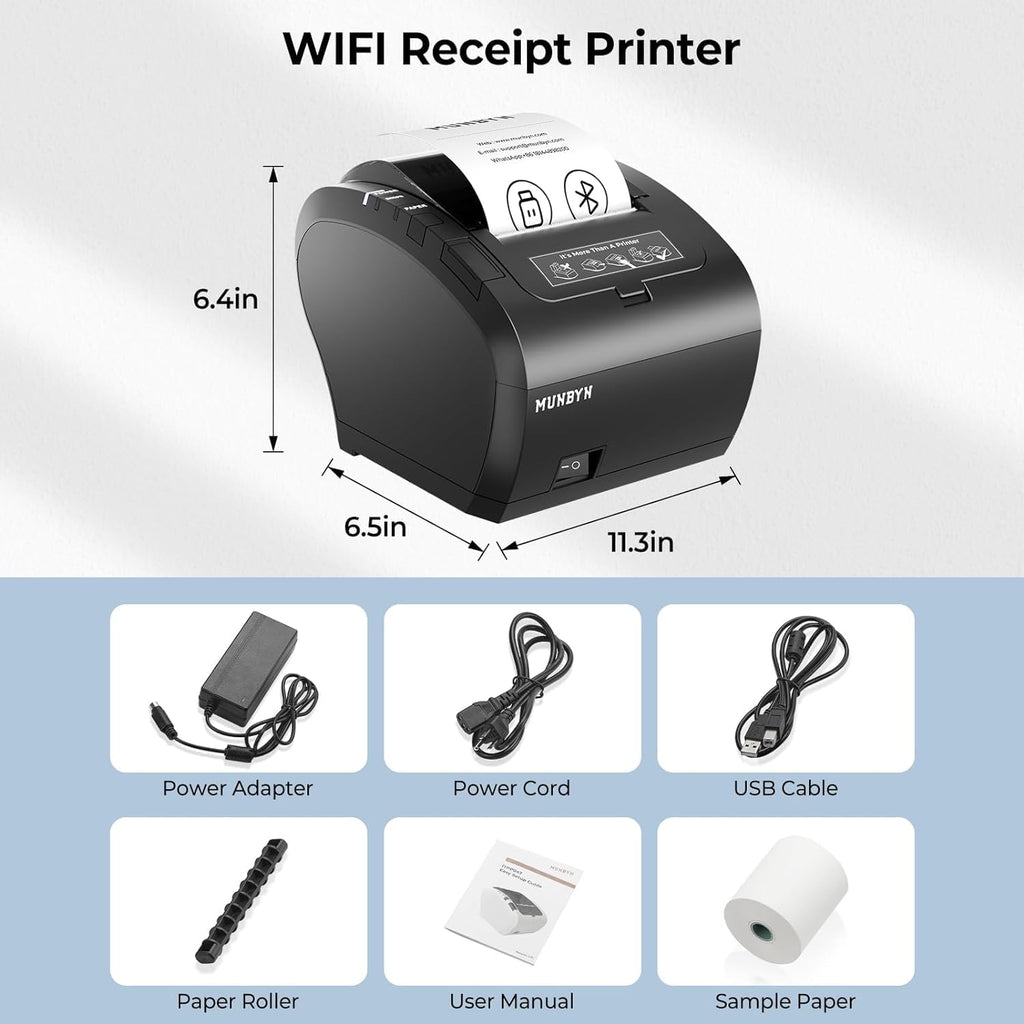MUNBYN WiFi Receipt Printer with USB Port, 80mm WiFi POS Printer Works with Mac Windows Chromebook Linux Cash Drawer, No Support for Square, Zettle, Shopify, Kyte, Bluetooth or 5G Wi-Fi