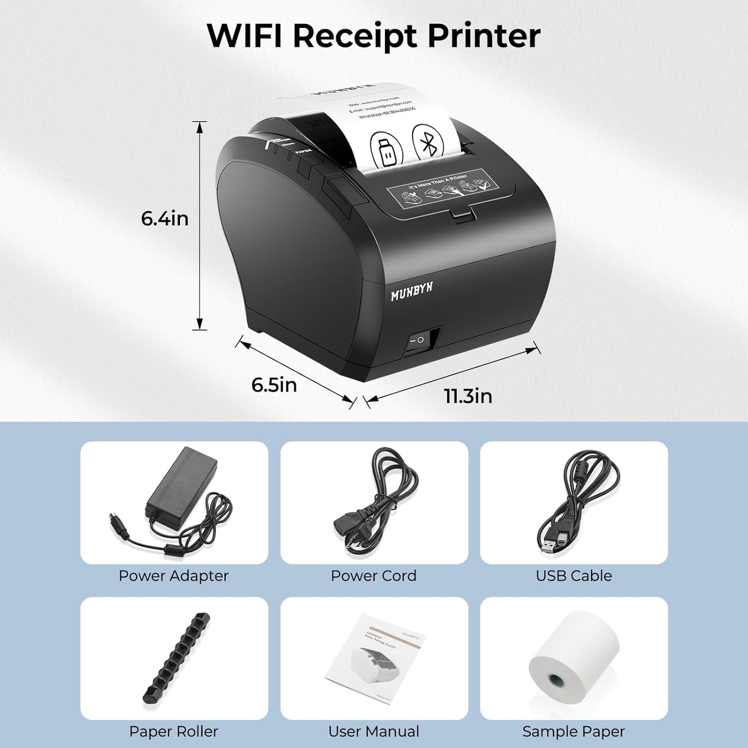 MUNBYN WiFi Receipt Printer with USB Port, 80mm WiFi POS Printer Works with Mac Windows Chromebook Linux Cash Drawer, No Support for Square, Zettle, Shopify, Kyte, Bluetooth or 5G Wi-Fi