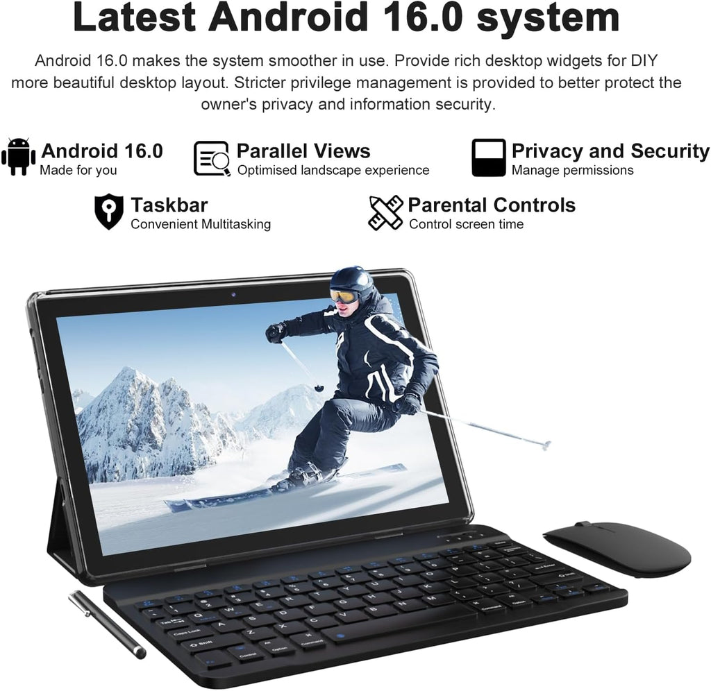 Android 16 Tablet 10 Inch, 12(3+9) GB RAM+64GB ROM, 2 in 1 Tablets with Keyboard Case Mouse Stylus, 2.0GHz Five-core Processor, 1280 * 800 IPS HD Screen, 5G WiFi6 BT 5.3 Tableta PC（Black