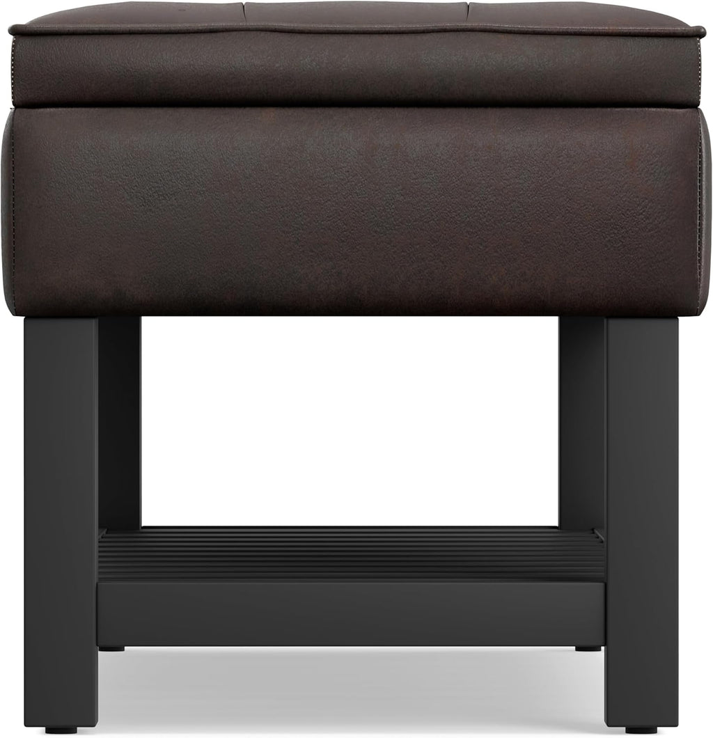 SIMPLIHOME Cosmopolitan Storage Ottoman Bench - 44 inch Wide Upholstered Vegan Leather Rectangle Storage Ottoman in Distressed Brown, Transitional Bench for Bedroom with Tufted Lift-Top and Open Shelf