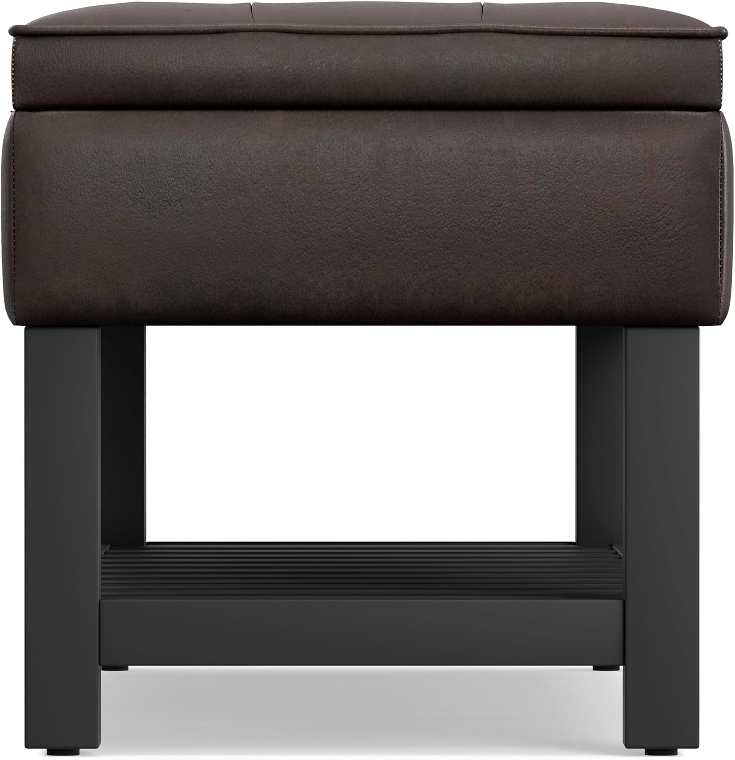 SIMPLIHOME Cosmopolitan Storage Ottoman Bench - 44 inch Wide Upholstered Vegan Leather Rectangle Storage Ottoman in Distressed Brown, Transitional Bench for Bedroom with Tufted Lift-Top and Open Shelf