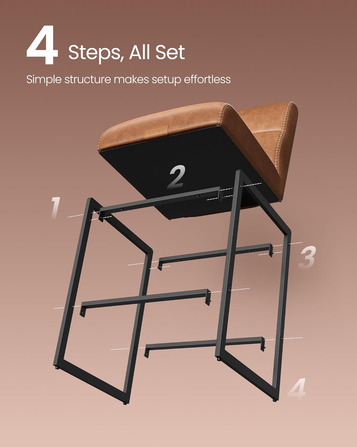 VASAGLE EKHO Collection - Bar Stools Set of 4, Counter Height Stools with Backs, 26.4-Inch Barstools Chairs, Synthetic Leather with Stitching, Mid-Century Modern, Dining Kitchen Island, Caramel Brown