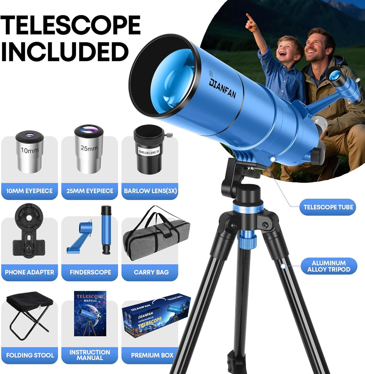Dianfan Telescope for Kids & Adults, 90mm Aperture 550mm Astronomical Professional Telescope for Adults High Powered, Portable Travel Telescopes for Beginners with Tripod & Adapter, Bag, Folding Stool