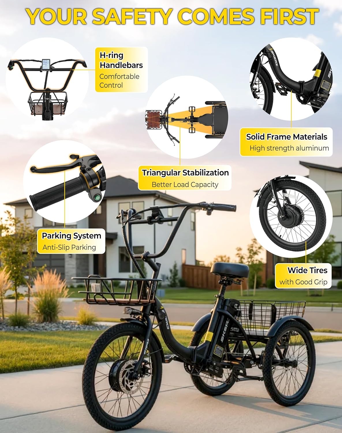 Skeri Electric Trike, Peak 1000W Electric Tricycle for Adults, 20" Folding 3-Wheel Electric Bike, Step-Thru E Trike with 624WH Removable Battery and Large Basket, Black