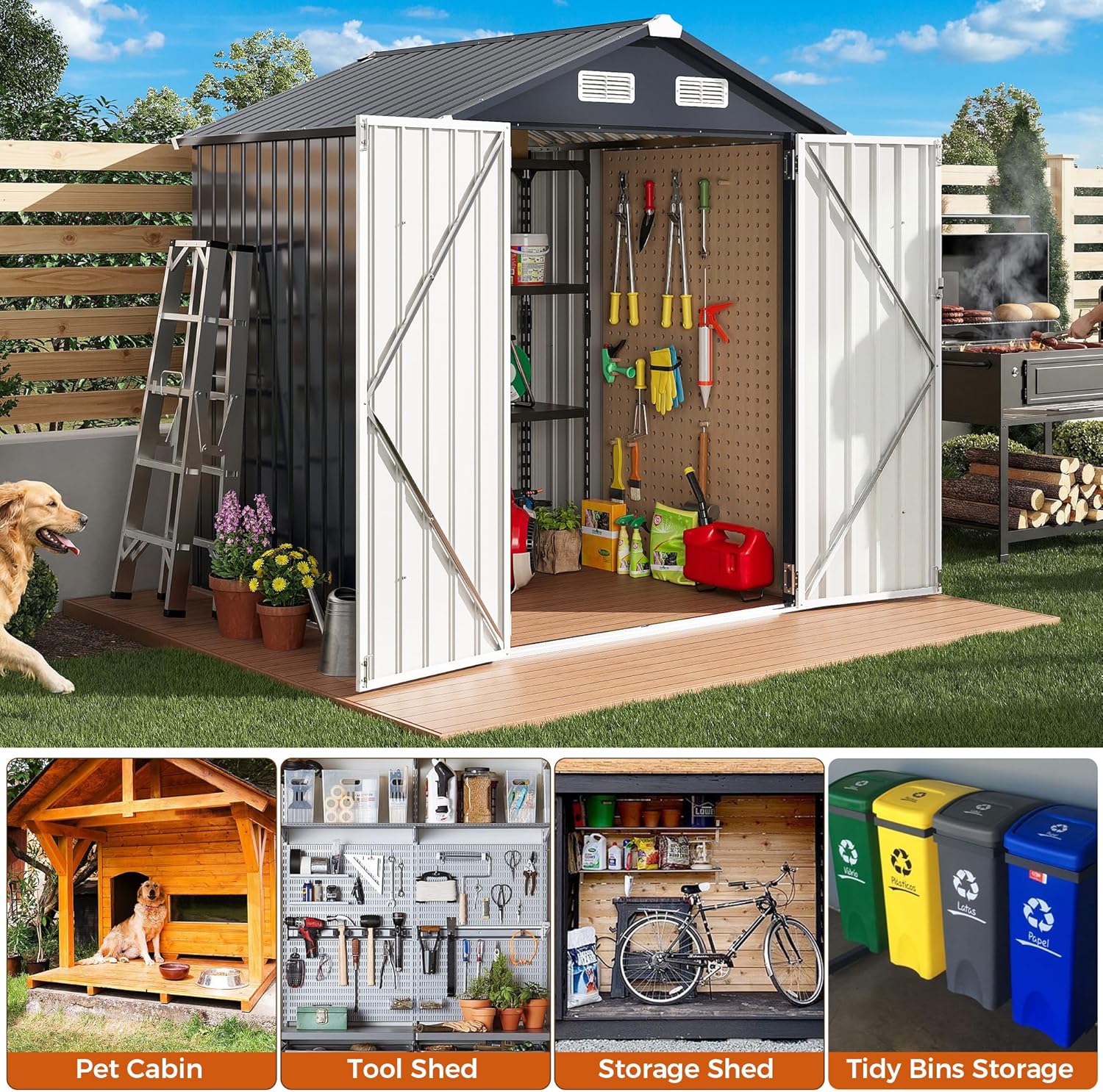 IRONCK 5.7x5.7FT Storage Shed, Outdoor Tool Shed with Lockable Doors and Breathable Vent, Outside Metal Garden Storage for Poolside, Backyard, Patio, Dark Blue