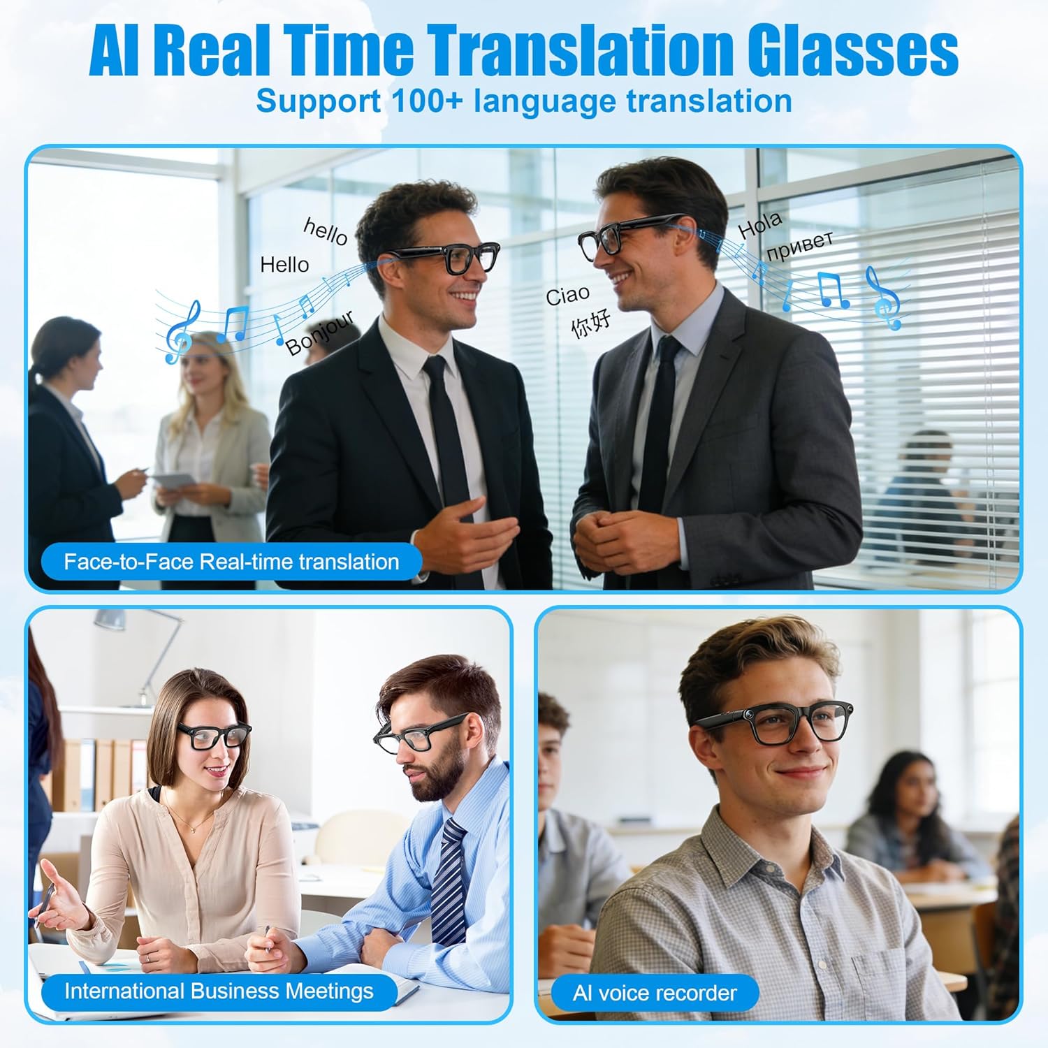 AI Smart Glasses with Camera, 8MP HD Camera Glasses for Women Men, Video Recording Sunglasses with Voice Assistant, Open-Ear Audio, Real-Time Translation for Life &Work Vlog, Black(3 Lenses)