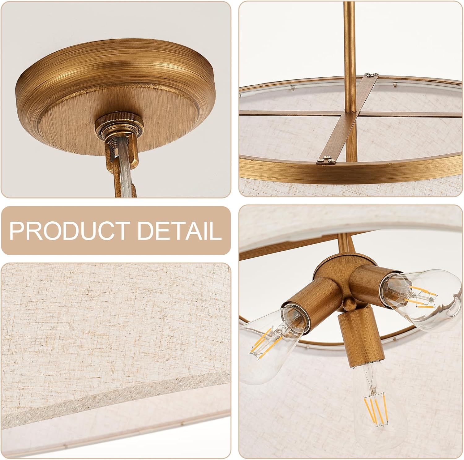 24" Boho Chandelier, Tapered Fabric Drum and Antique Gold Accents Paint Finish Shade Pendant Lighting for Nursery Room Dining Room Living Room Kitchen